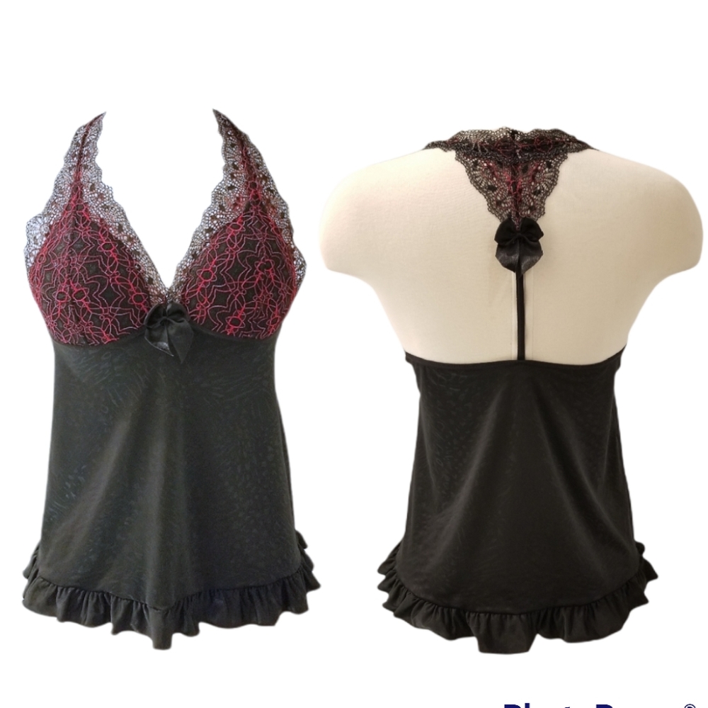 Larissa Black and Red Satin & Lace Halter T-Back Pajama Top Sz M
